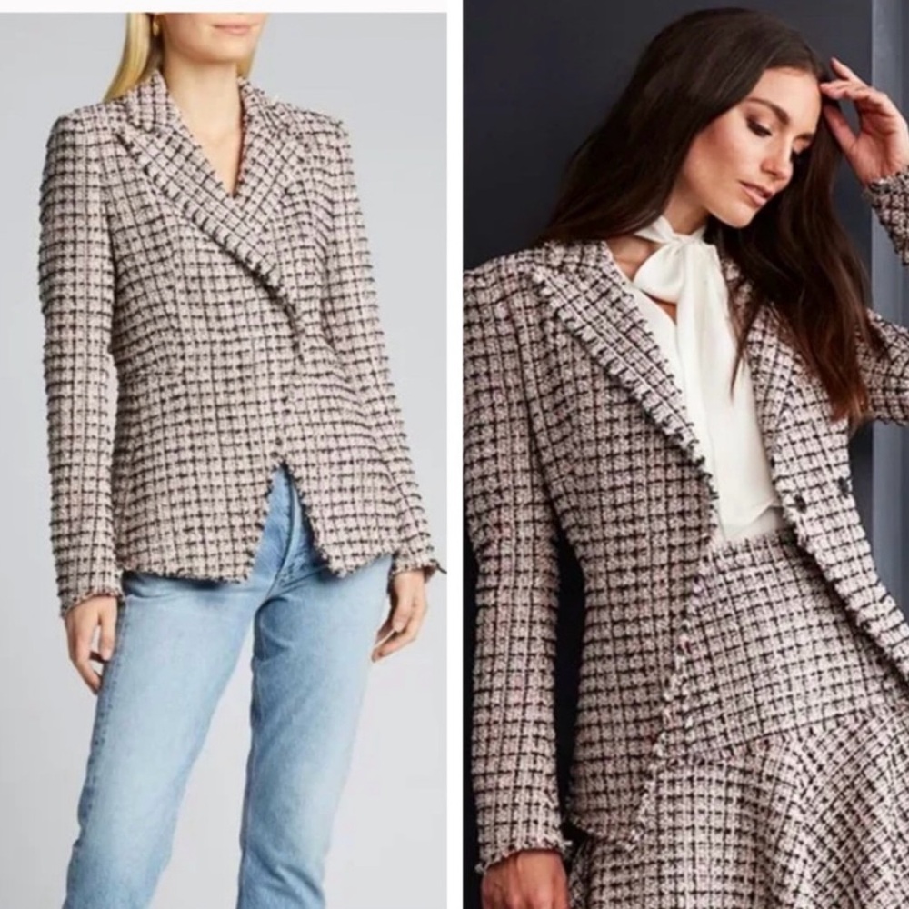 Elie Tahari Jezebel Tweed Frayed Trim Plaid Jacket Size 2